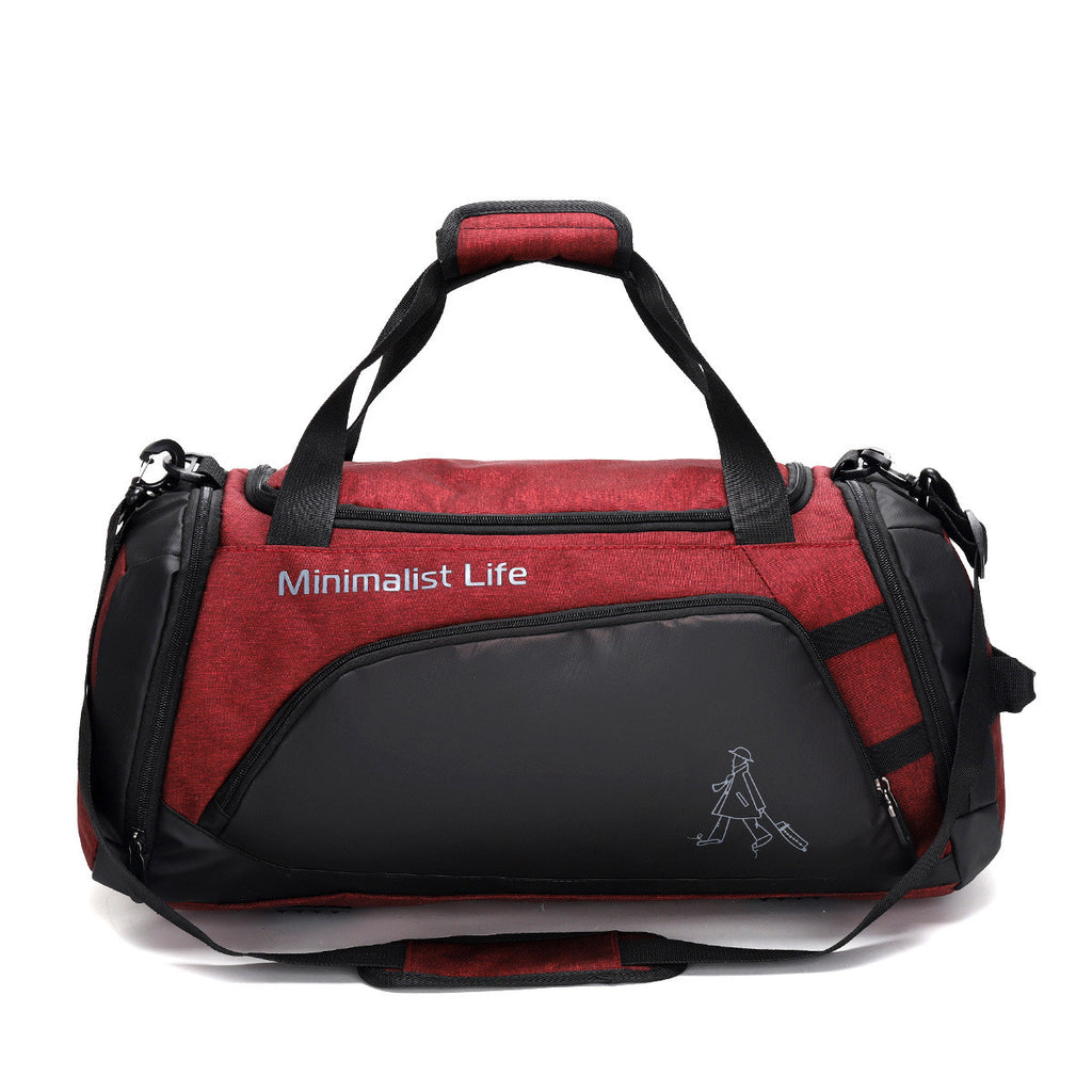 Stylish and durable travel bag from Gifts Vip. Large capacity, waterproof design in bold red and black colors. Minimalist Life logo prominently featured on the front.