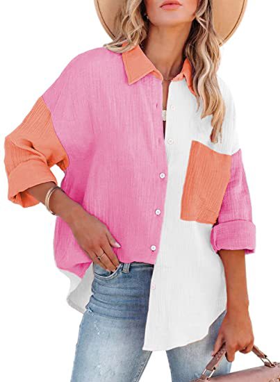 Women's Long Sleeve Color Matching Button Top