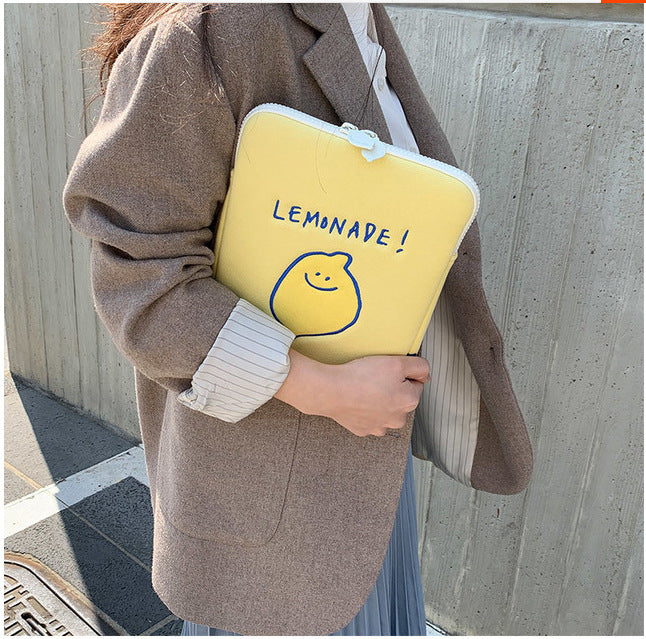 Compatible with Apple, Winter Korean Ins Niche Design Lemon Embroidery Letters IPad Tablet Laptop Bag Storage Bag