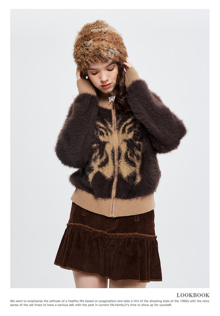 Mohair Stand Collar Cardigan Autumn And Winter Butterfly Embroidery Zipper Sweater