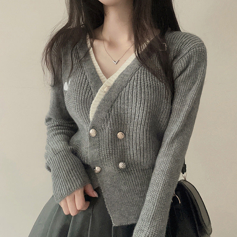 Preppy Style Contrast Color Double-breasted Waist Slimming Woolen Top