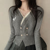 Preppy Style Contrast Color Double-breasted Waist Slimming Woolen Top