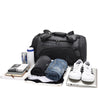 Men's And Women's Fashion Large Capacity Waterproof Travel Bag from Gifts Vip. The image shows the product placement along with various items such as sneakers, clothing, and personal accessories on a white background.