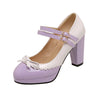 Round Toe Bowknot Color Matching Patent Leather Hollow Buckle High Heels