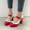 Round Toe Bowknot Color Matching Patent Leather Hollow Buckle High Heels