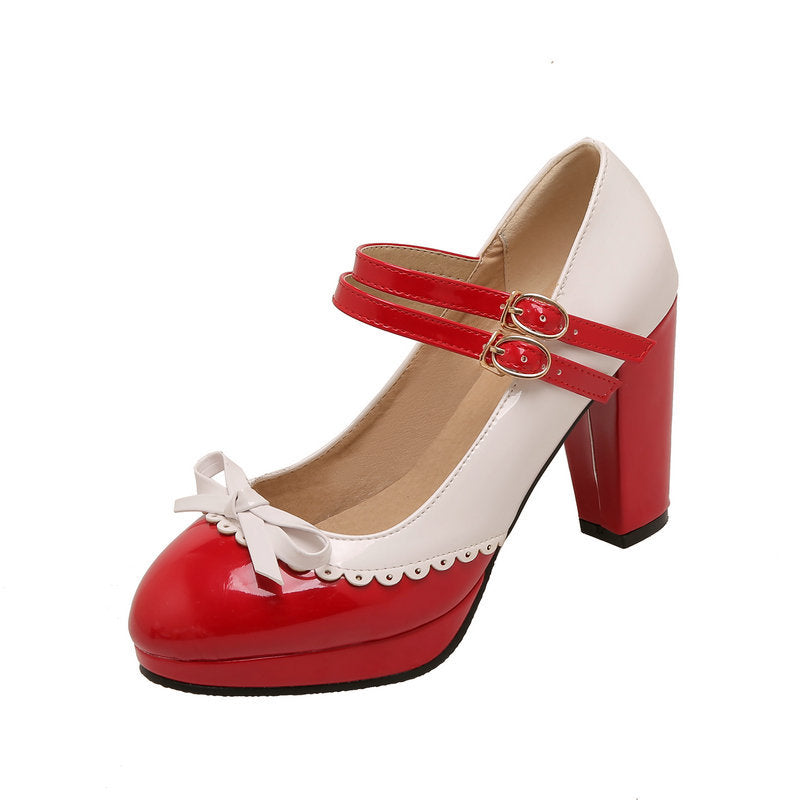 Round Toe Bowknot Color Matching Patent Leather Hollow Buckle High Heels