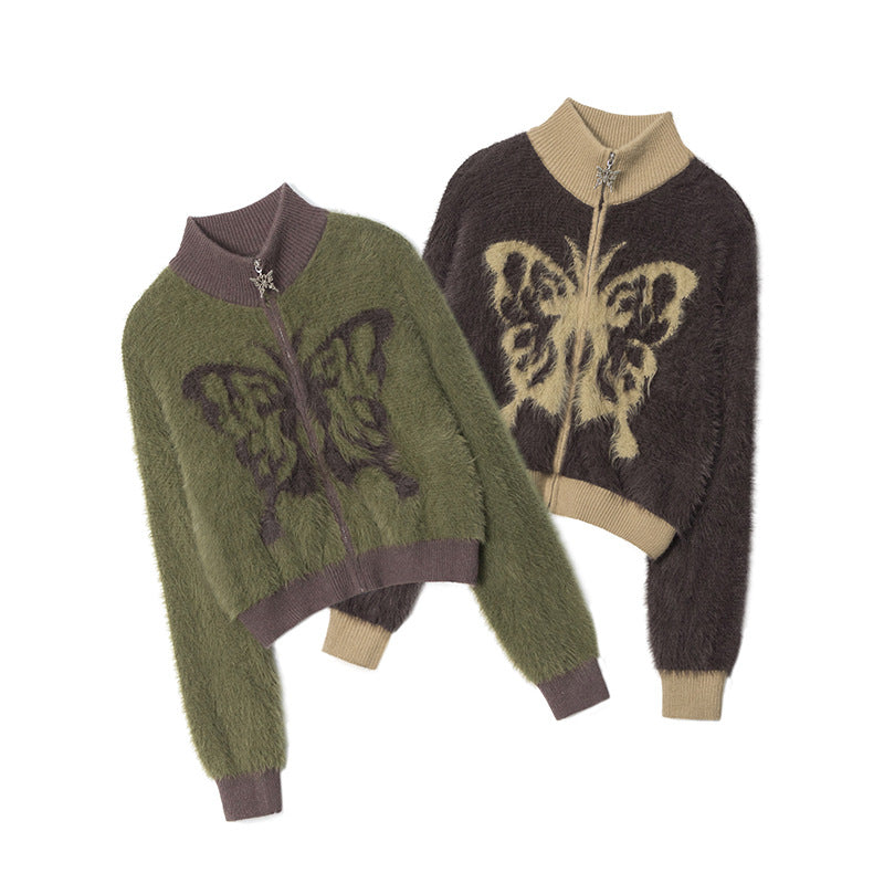 Mohair Stand Collar Cardigan Autumn And Winter Butterfly Embroidery Zipper Sweater