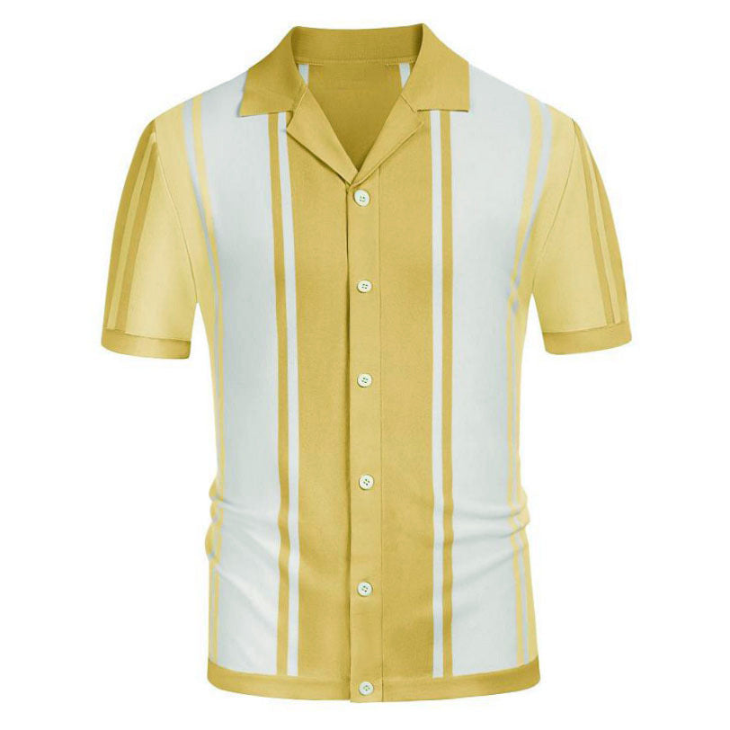 Stylish summer knitwear from Gifts Vip featuring contrasting yellow and white colors, and a classic button-down collar design.