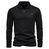 Men's black zipper-up cotton casual top with a small brand logo on the chest, displayed on a plain background.