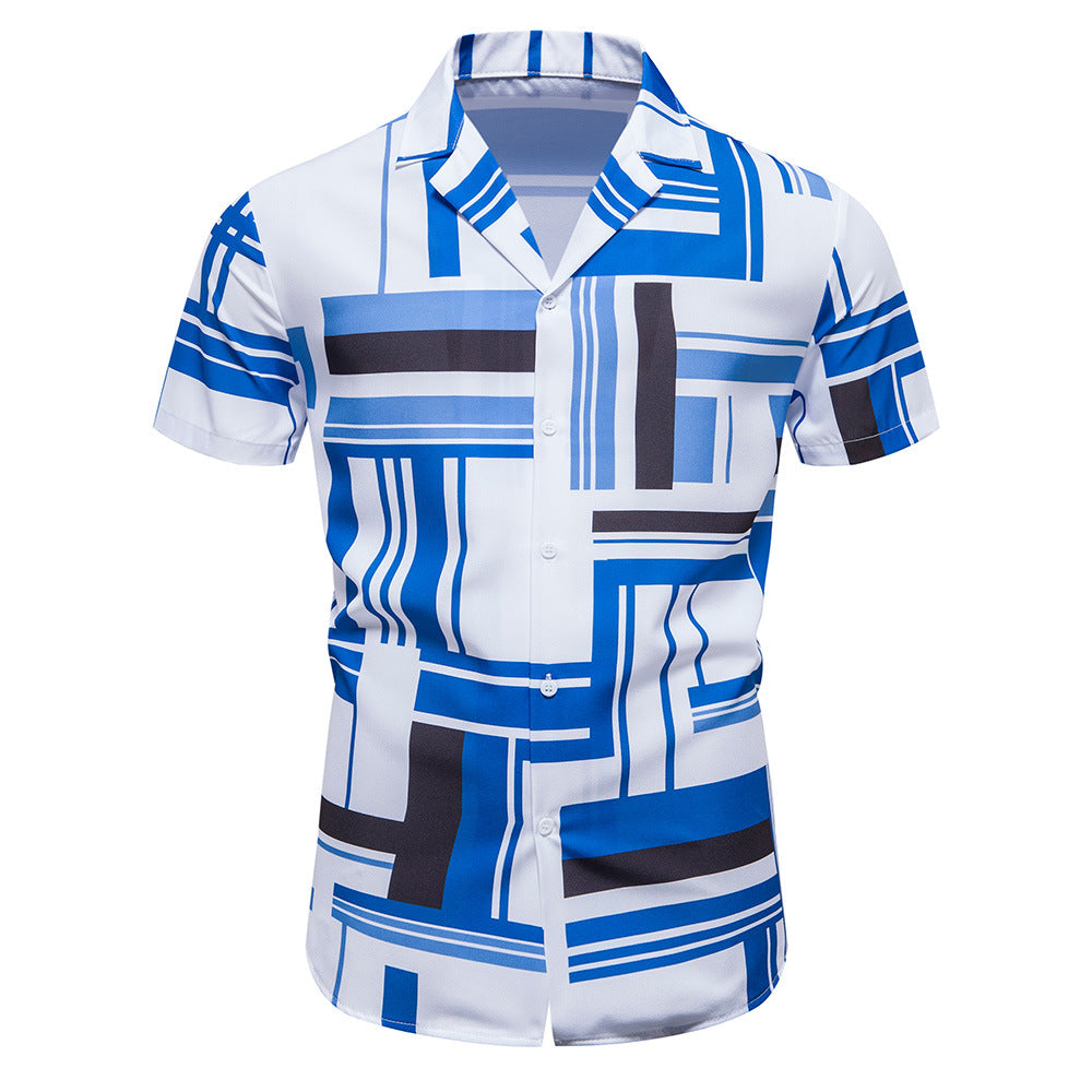 Stylish men's casual button-up shirt with geometric blue, white, and black pattern from Gifts Vip.