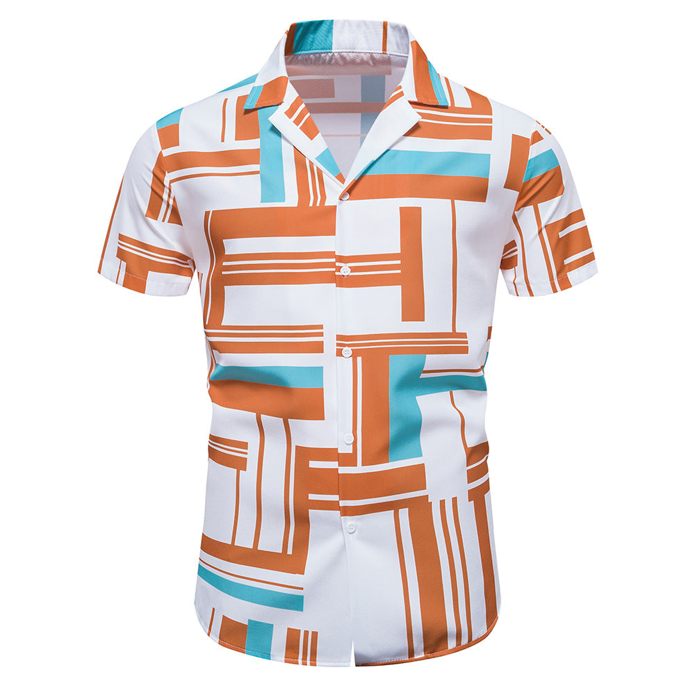 Stylish men's casual button-down shirt with vibrant geometric print in orange, blue, and white tones. The shirt features a lapel collar and comes from the Gifts Vip brand.