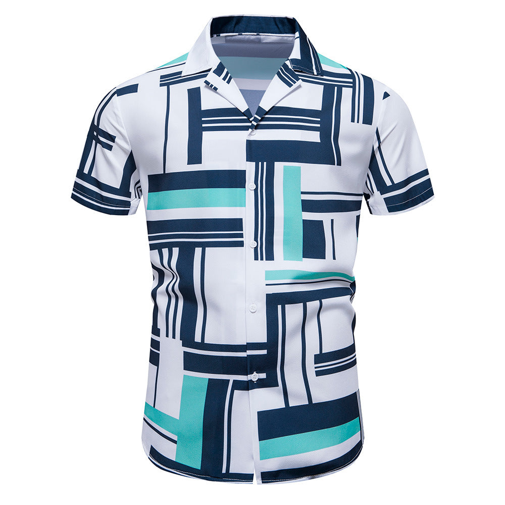 Stylish men's casual shirt with contrasting color block printing pattern, featuring a collared neckline and short sleeves, showcased on a white background.