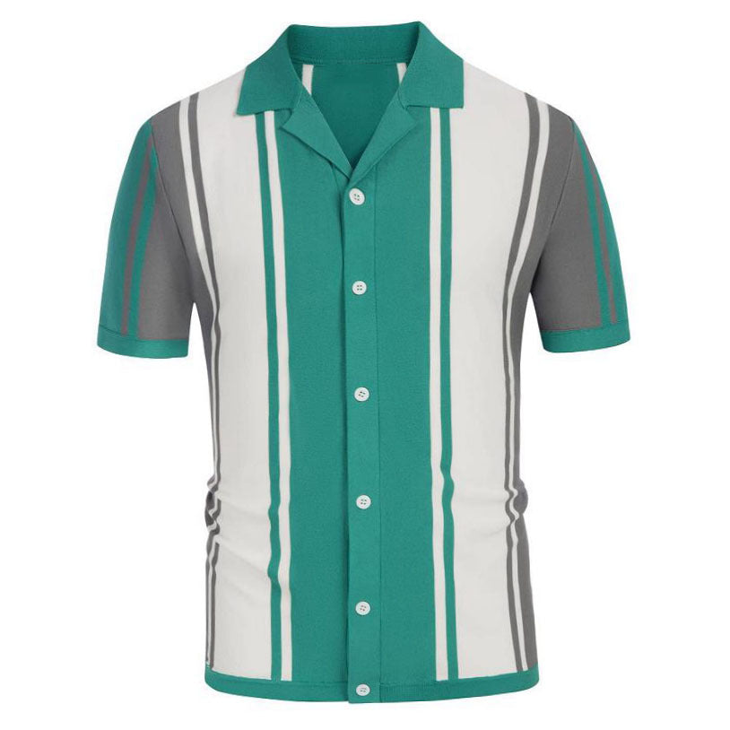 Green and grey striped knitted summer shirt from Gifts Vip store. The shirt has a collared design with button closure and contrast stitching along the front and sleeves.