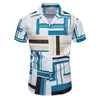 Smart casual men's printed shirt featuring a stylish geometric pattern in shades of blue, yellow, and white. The collared shirt has a button-down closure and short sleeves, making it a versatile choice for a variety of casual occasions.