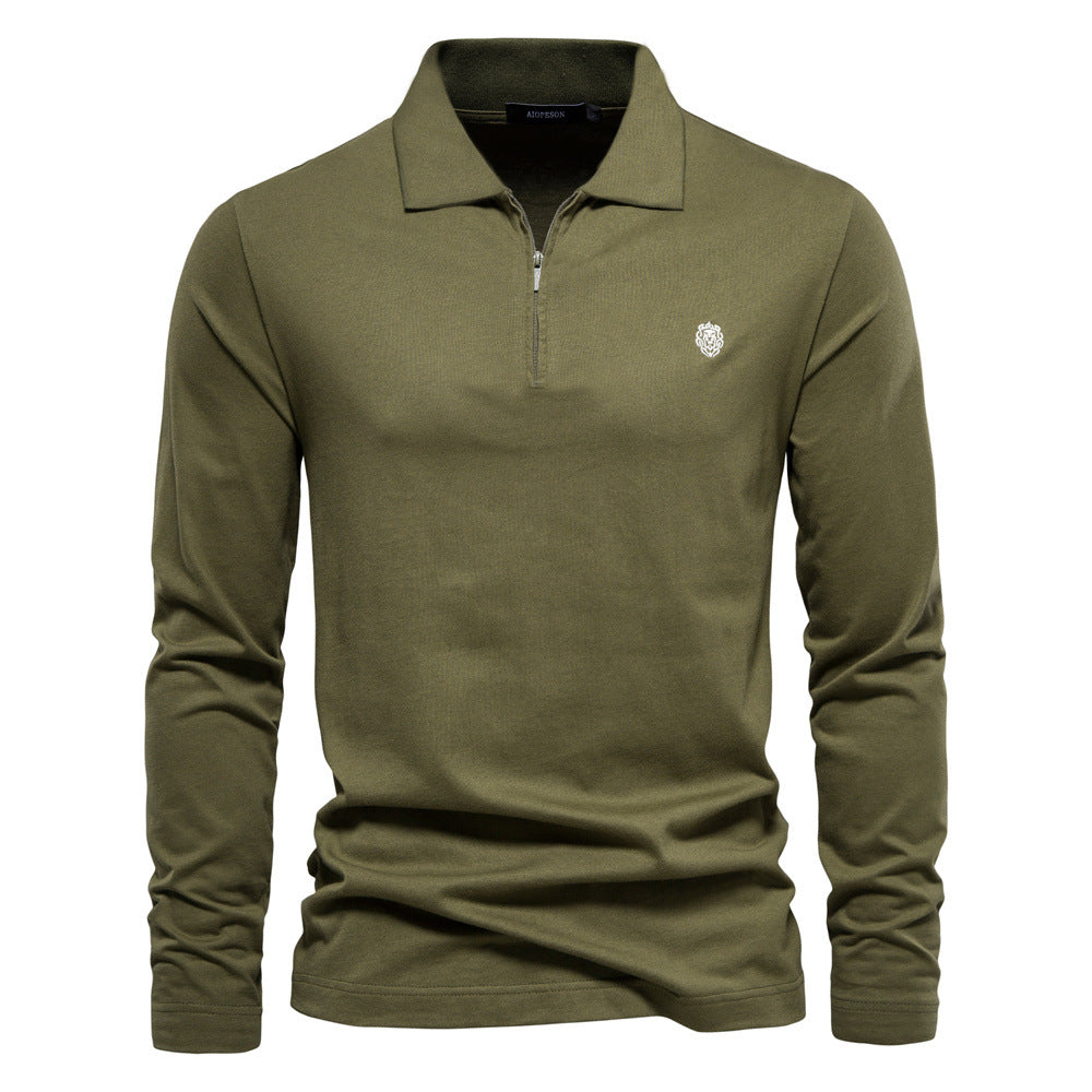 Stylish men's casual long-sleeved top in olive green color from Gifts Vip. The top features a zipper closure and lapel collar, made of high-quality cotton fabric for a comfortable and durable wear.