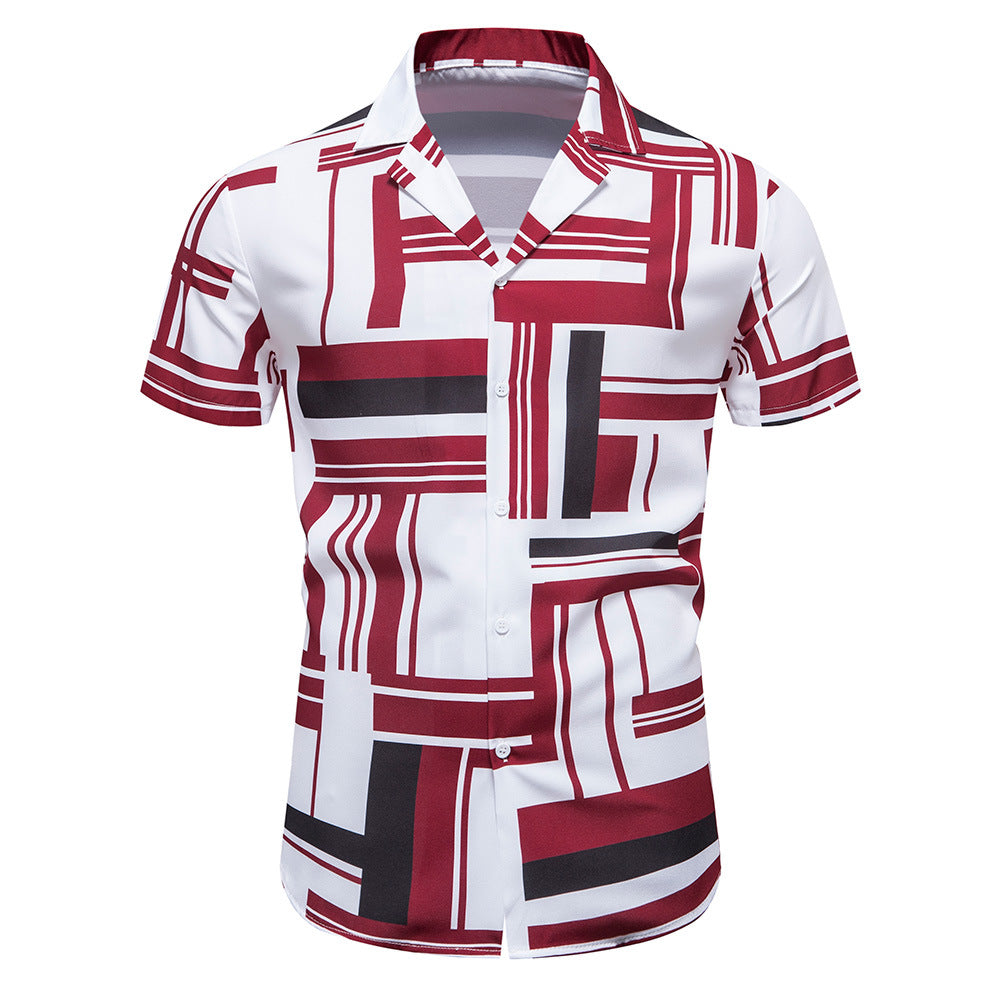 Stylish men's casual shirt with contrasting geometric patterns and color blocks in red, white, and black. Lapel collar, short sleeves, and button-down design for a modern, fashionable look.