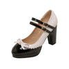 Round Toe Bowknot Color Matching Patent Leather Hollow Buckle High Heels