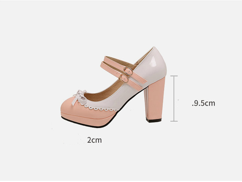 Round Toe Bowknot Color Matching Patent Leather Hollow Buckle High Heels