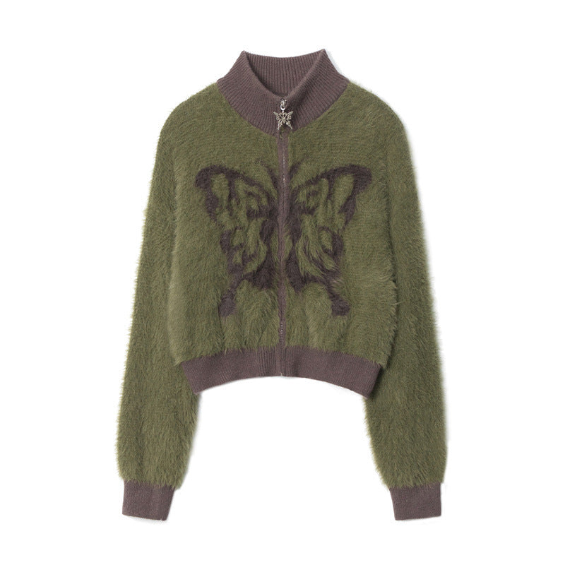 Mohair Stand Collar Cardigan Autumn And Winter Butterfly Embroidery Zipper Sweater