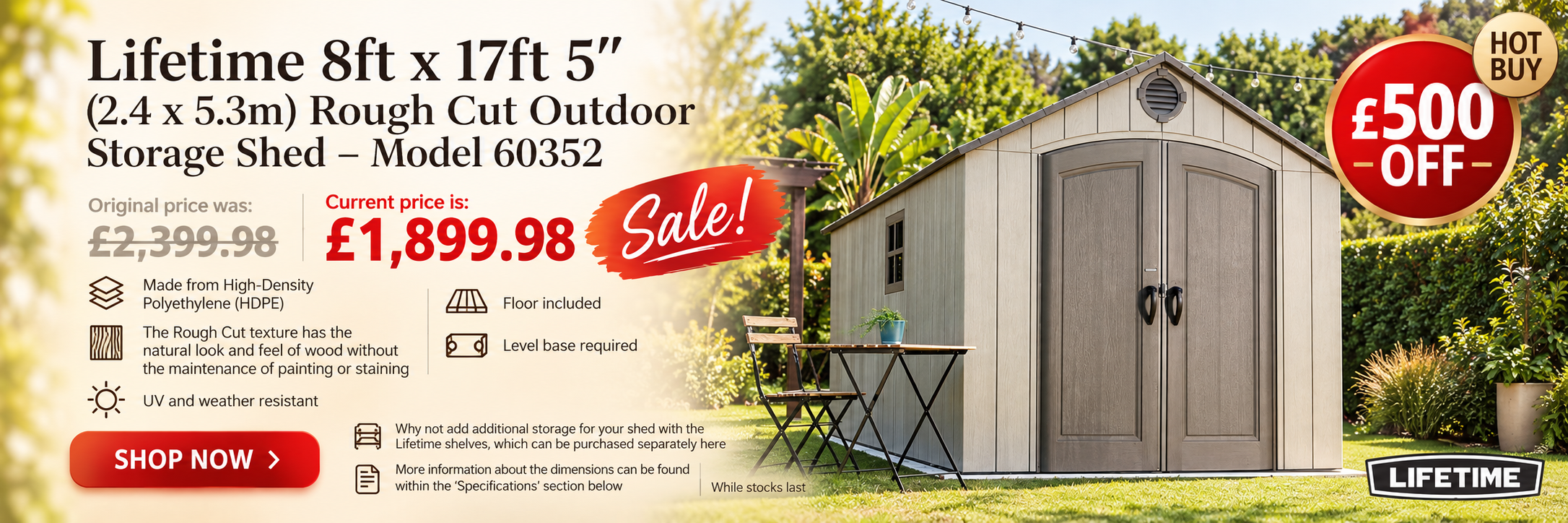 Lifetime 8ft x 17ft 5″ (2.4 x 5.3m) Rough Cut Outdoor Storage Shed – Model 60352