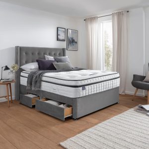 Silentnight Velvet Continental Drawer Divan Base with Bloomsbury Headboard in Charcoal Grey in 3 Sizes