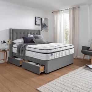 Silentnight Velvet 4 Drawer Divan Base with Bloomsbury Headboard in Charcoal Grey in 3 Sizes