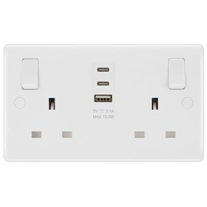 Masterplug Double 13A Switched Sockets with 15W USB A & 2x C Charger Ports, Pack of 2