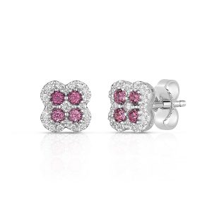 Round Cut Garnet & 0.15ctw Diamond Earrings, 14ct White Gold