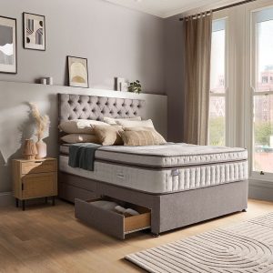 Silentnight 4 Drawer Divan Base with Eden Headboard in Pebble in 3 Sizes