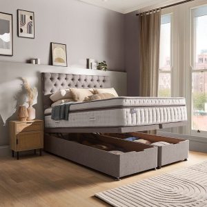 Silentnight Full Ottoman Divan Base with Eden Headboard in Pebble in 3 Sizes