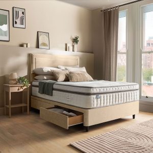 Silentnight Velvet 4 Drawer Divan Base with Malvern Headboard in Almond in 3 Sizes