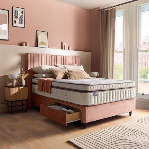 Silentnight Velvet 4 Drawer Divan Base with Slumber Headboard in Dusky Pink & 3 Sizes