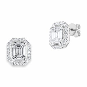 1.00ctw Round Brilliant Cut & Baguette Cut Diamond Earrings, 18ct White Gold