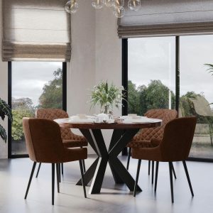 Indus Valley Henley Round Wooden Dining Table + 4 Brown Chairs