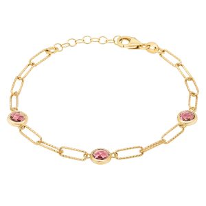 Round Cut Pink Tourmaline Paperclip Bracelet 14ct Yellow Gold