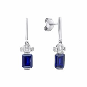 Diamonfire Sterling Silver Drop Earrings with Emerald cut Cubic Zirconia and Sapphire