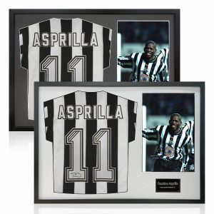 Faustino Asprilla Signed Framed Newcastle Football Shirt including 1 Photo in 2 Options: White or Black Mount
