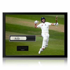 Joe Root Signed Framed Mini Cricket Bat with Celebration Design