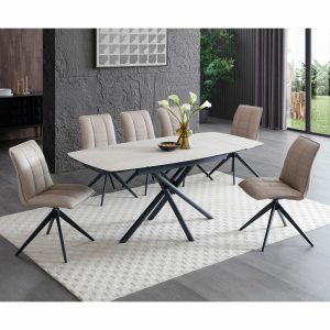 Indus Valley Skylar Small Ceramic Extending Dining Table + 6 Taupe Chairs, Seats 6