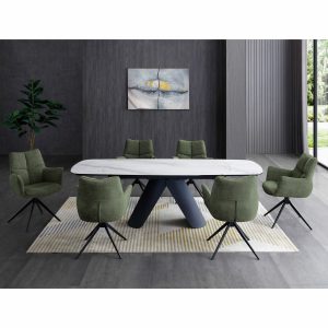Indus Valley Capri Ceramic Extending Dining Table + 6 Green Chairs, Seats 6-8