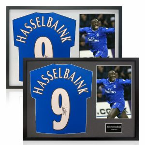 Jimmy Floyd Hasselbaink Signed Framed Chelsea Football Shirt including 1 Photo in 2 Options: White or Black