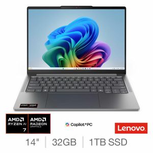 Lenovo IdeaPad Pro 5 14AGP11 Copilot+PC, AMD Ryzen AI 7, 32GB RAM, 1TB SSD, 14 Inch OLED Laptop, 83SG000GUK