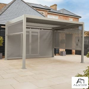 Alvivo 9ft 8" x 13ft 3" (3 x 4m) Beige Louvered Aluminium Pergola Bundle with 3 Pull-Down Screens
