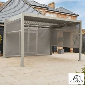 Alvivo 9ft 8" x 13ft 3" (3 x 4m) Beige Louvered Aluminium Pergola Bundle with 4 Pull-Down Screens