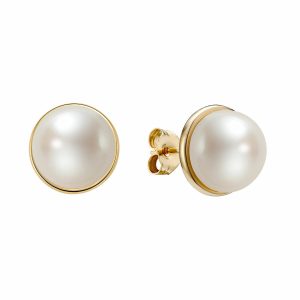 10-10.5mm Cultured Freshwater White Pearl Bezel Earrings, 14ct Yellow Gold