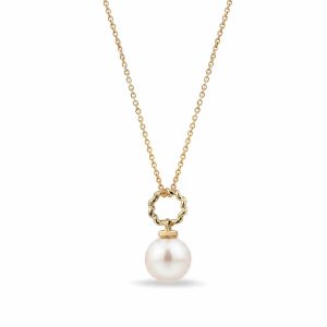7-8mm Cultured Freshwater White Pearl Round Necklace, 14ct Yellow Gold