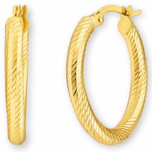 14ct Yellow Gold Textured Oval Hoop Earrings