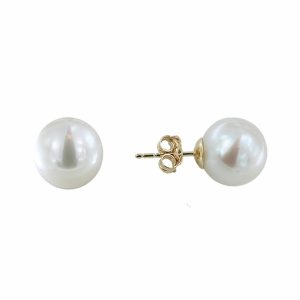 10.5-11mm Cultured Freshwater White Pearl Earrings, 14ct Yellow Gold