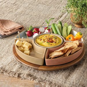Over & Back Acacia Lazy Susan, with 5 Stoneware Dishes