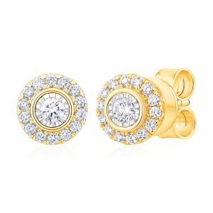 0.22ctw Round Brilliant Cut Diamond Halo Earrings, 14ct Yellow Gold